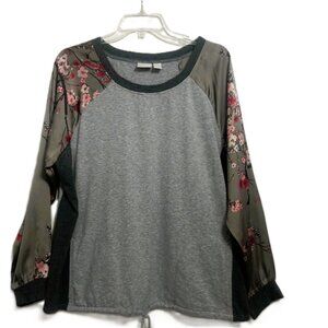 Chicos Ladies Blouse sz 2 Gray Floral Long Sleeves  Drawstring 2 Pocket Read